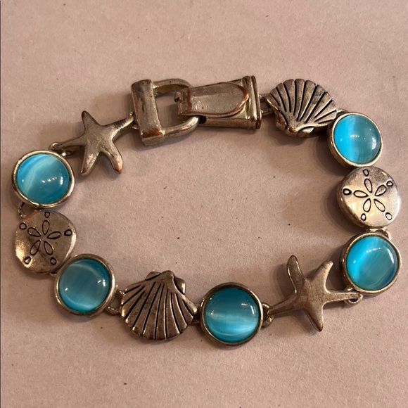Ocean-Inspired Silver and Blue Bracelet BEACHY LOOK, blue cats eye glass bead - Picture 1 of 5